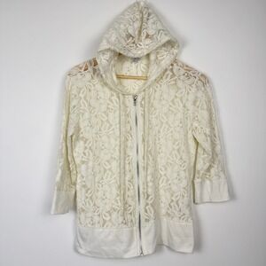 Kismet Sheer Lace Zip Up Hoodie Jacket Junior L Cream Floral 3/4 Sleeve Layering